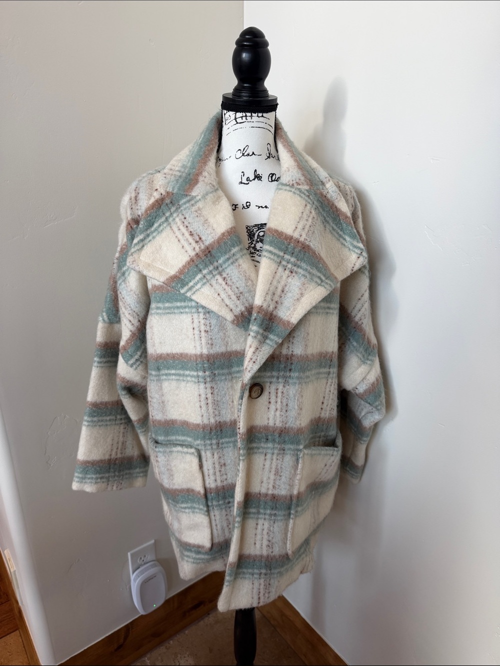 Anthropologie Cream Plaid Wool-Blend Pea Coat with Teal & Tan Stripes